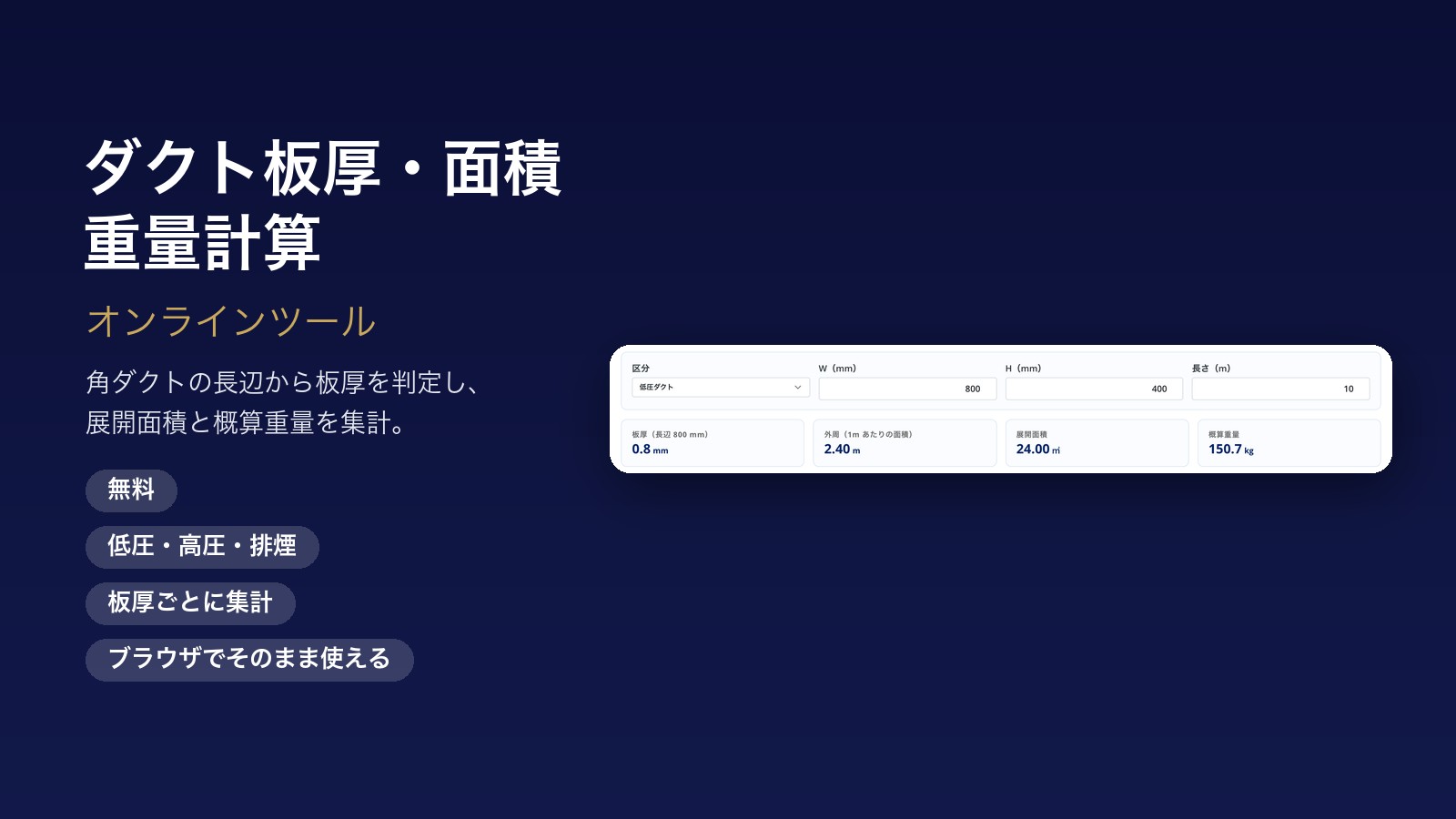 ダクト板厚・面積・重量計算