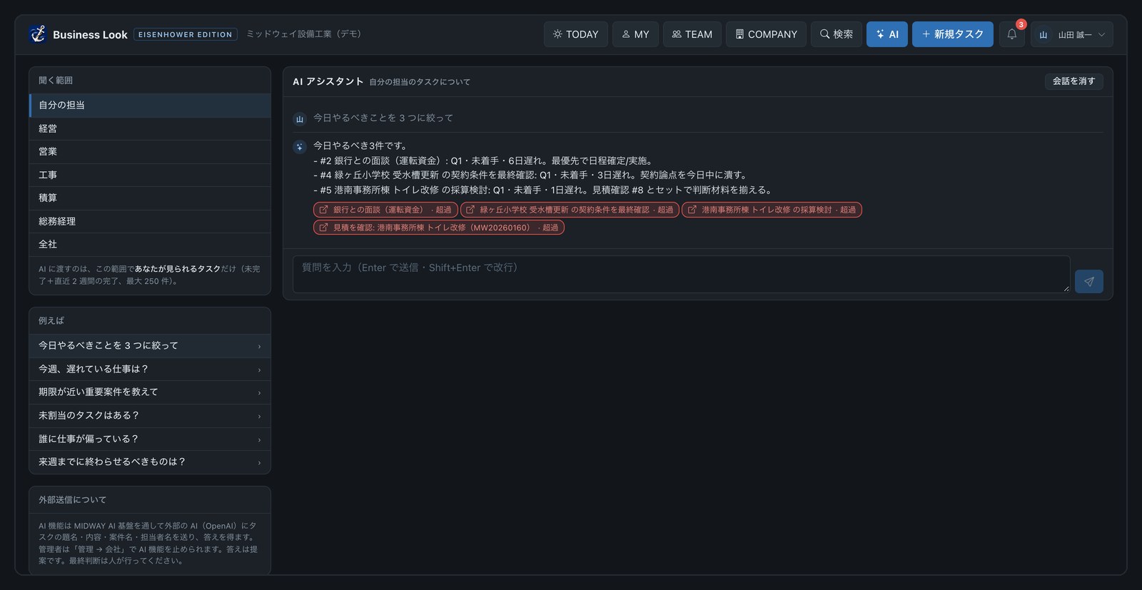 「今週、遅れている仕事は？」と聞ける
