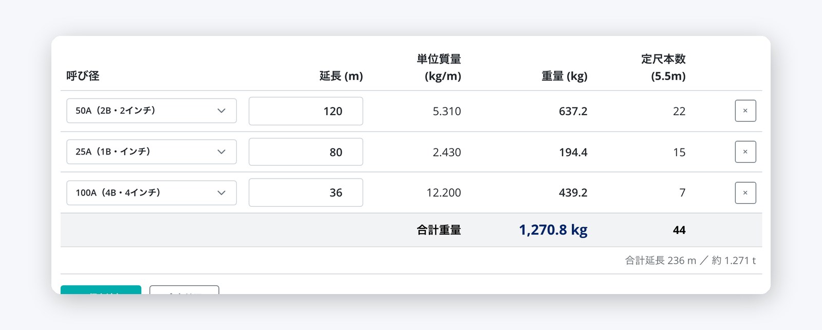 呼び径と延長を入れるだけで、重量と定尺本数を集計