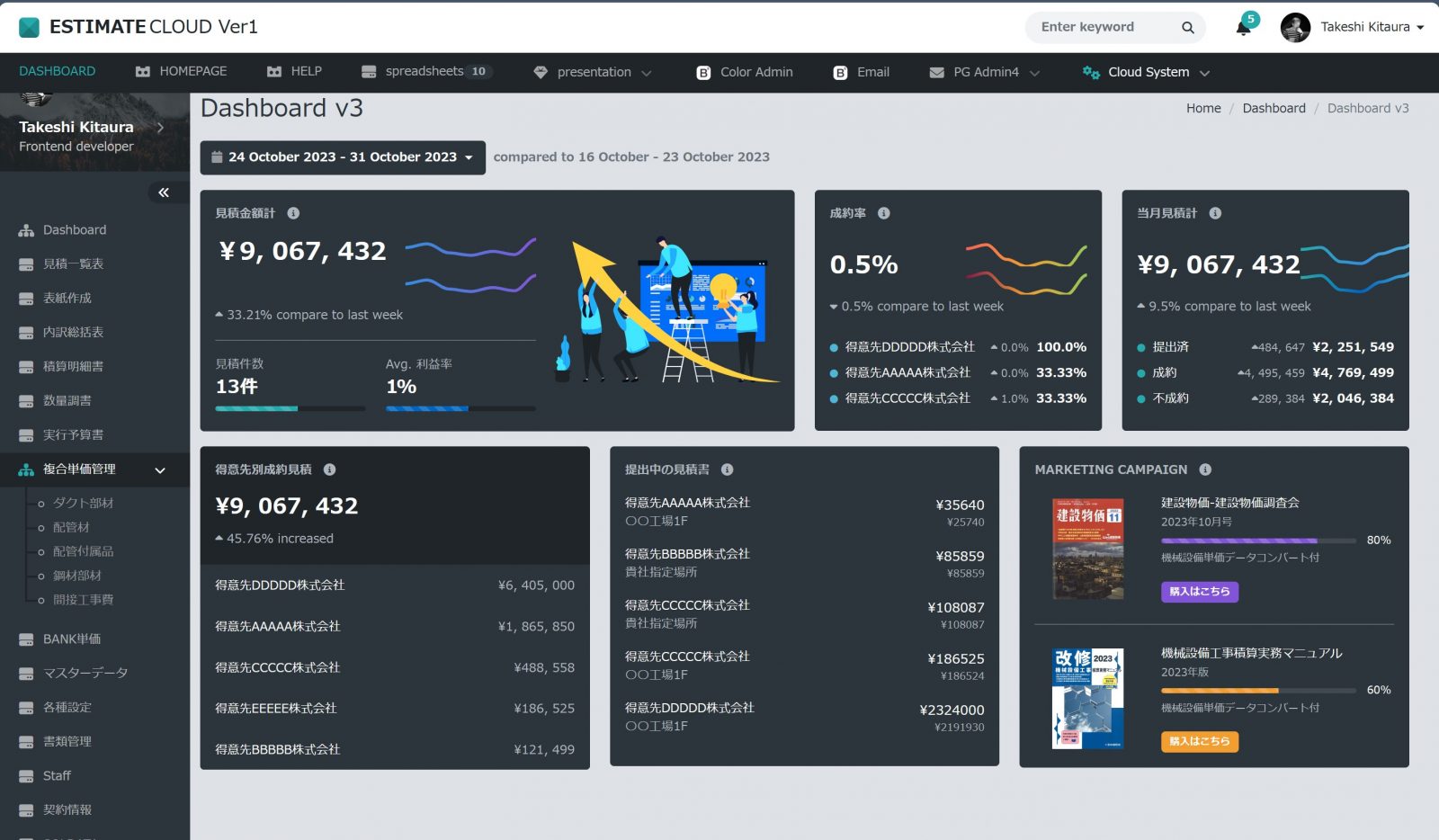 DASHBOARDで社内の積算、請求状況を一元管理